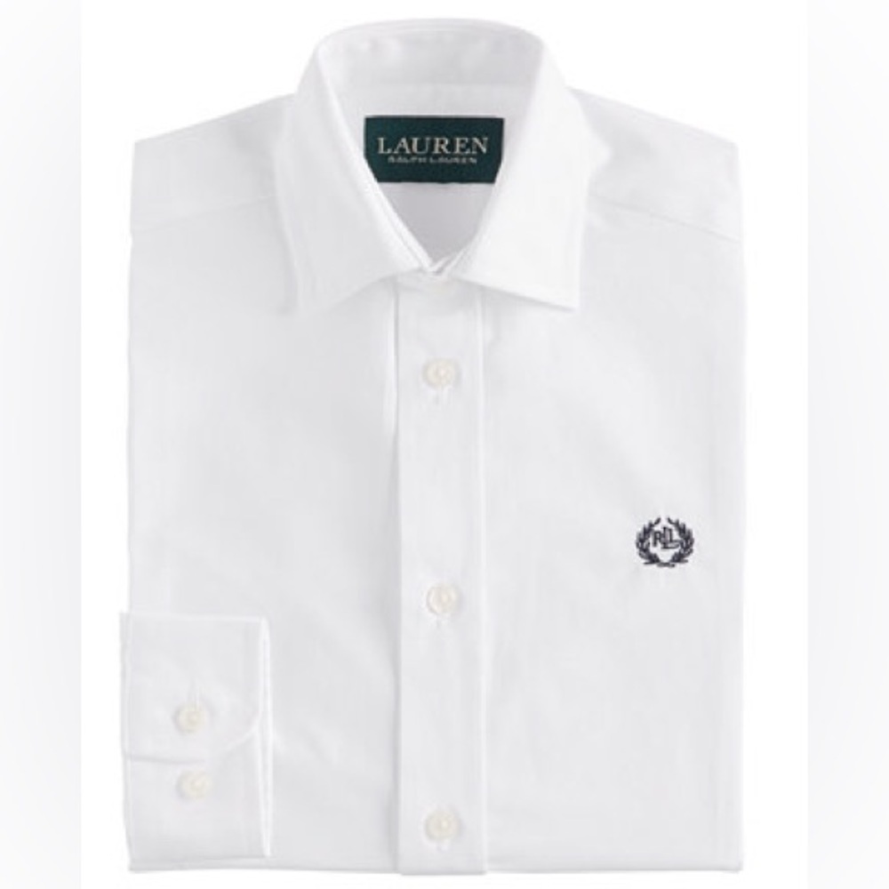 Lauren Ralph Lauren Dress Shirt Youth Boys Sz 16 White Button Front Crest Formal
